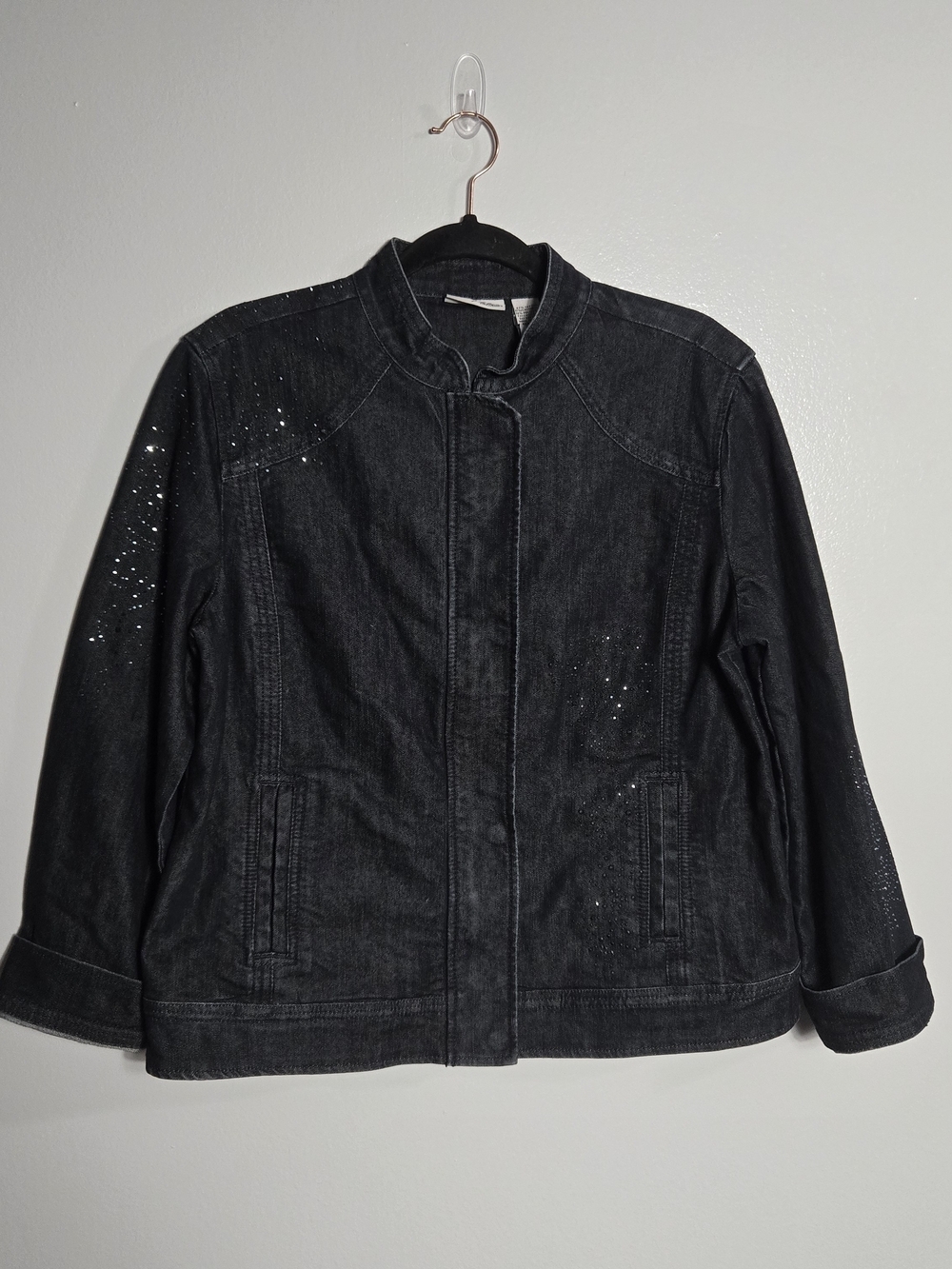 Chico's Platinum Black Denim Rhinestone Embellished Zip Jacket Size 2 Large